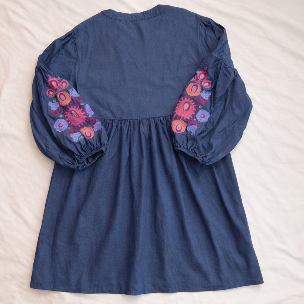 Umgee Blue Embroidered Boho Dress Floral Peasant Tassel Sleeve Size M - Picture 3 of 10
